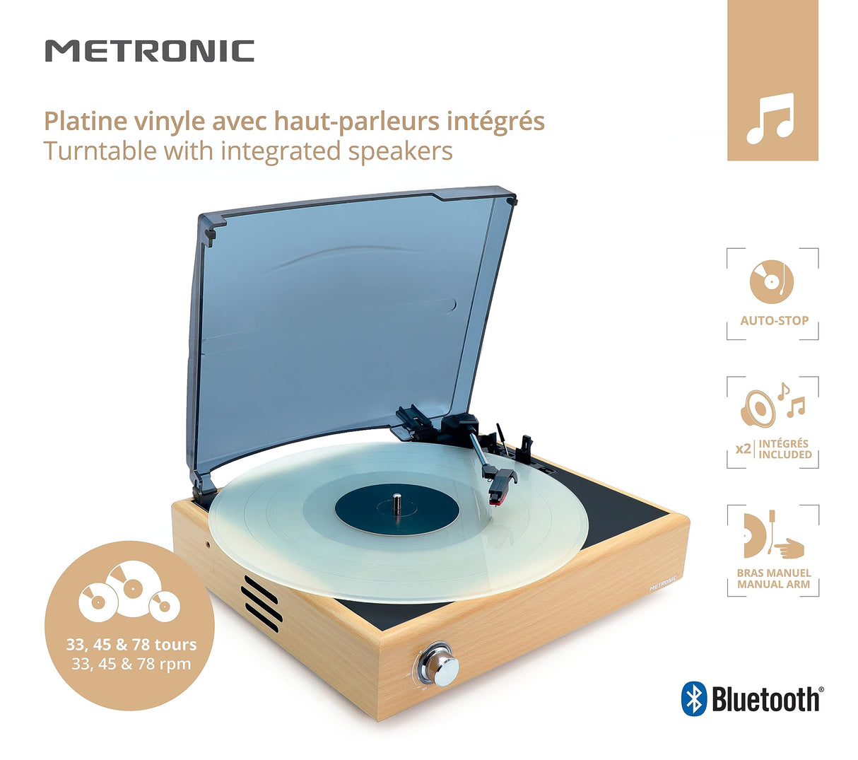 Metronic 477360 - Tocadiscos de vinilo bluetooth, acabado madera, reproductor de vinilo y reproductor de musica, 2 altavoces incorporados, sonido estéreo 2x3W, brazo manual, función auto-stop