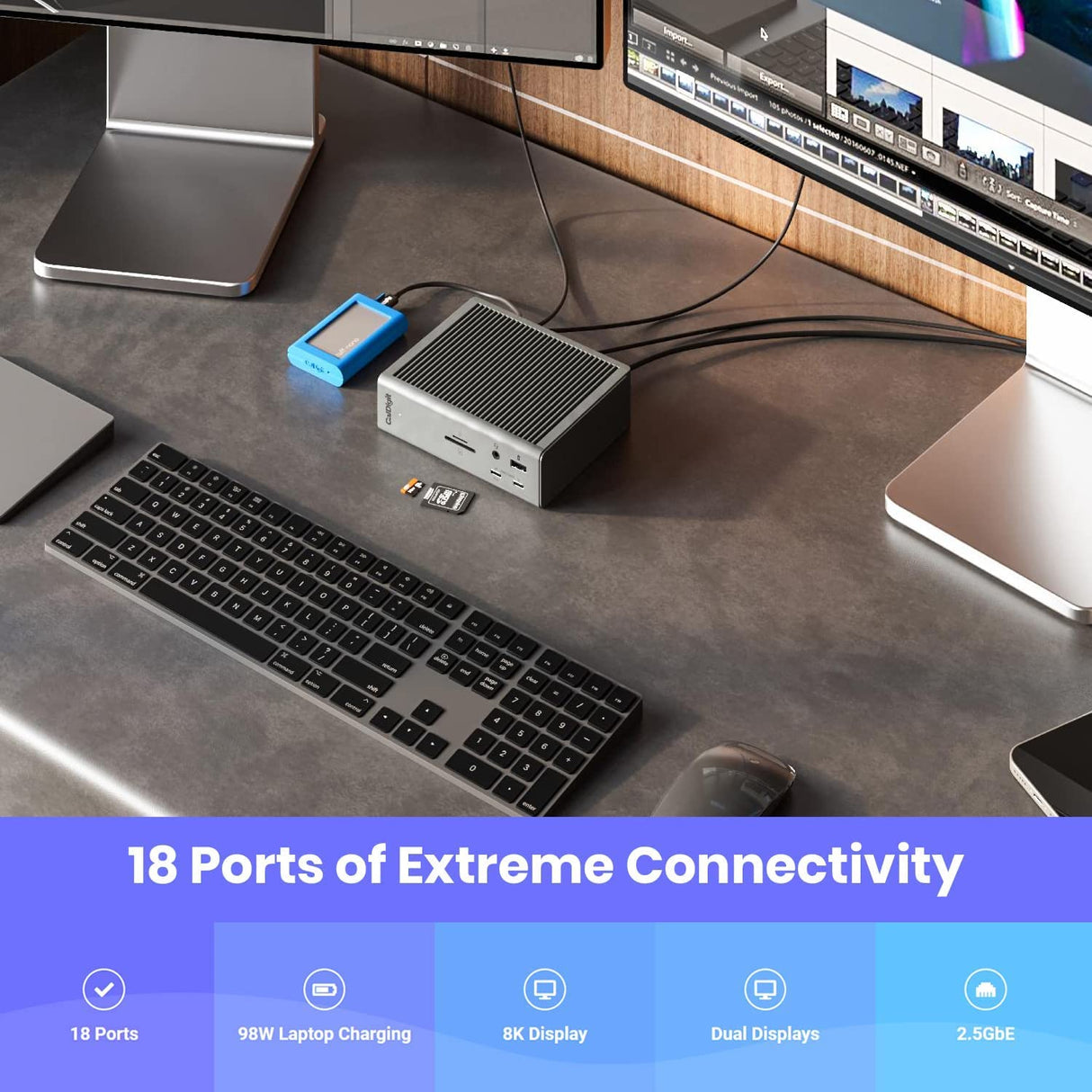 CalDigit TS4 Thunderbolt 4 - Base de Carga (18 Puertos, 98 W, 3 Thunderbolt 4 40 GB/s, 5 USB-A, 3 USB-C (10 GB/s), 8 K o 2 Pantallas 6 K 60 Hz, Mac, PC, Compatible con Cromo, con Cable de 0,8 m)