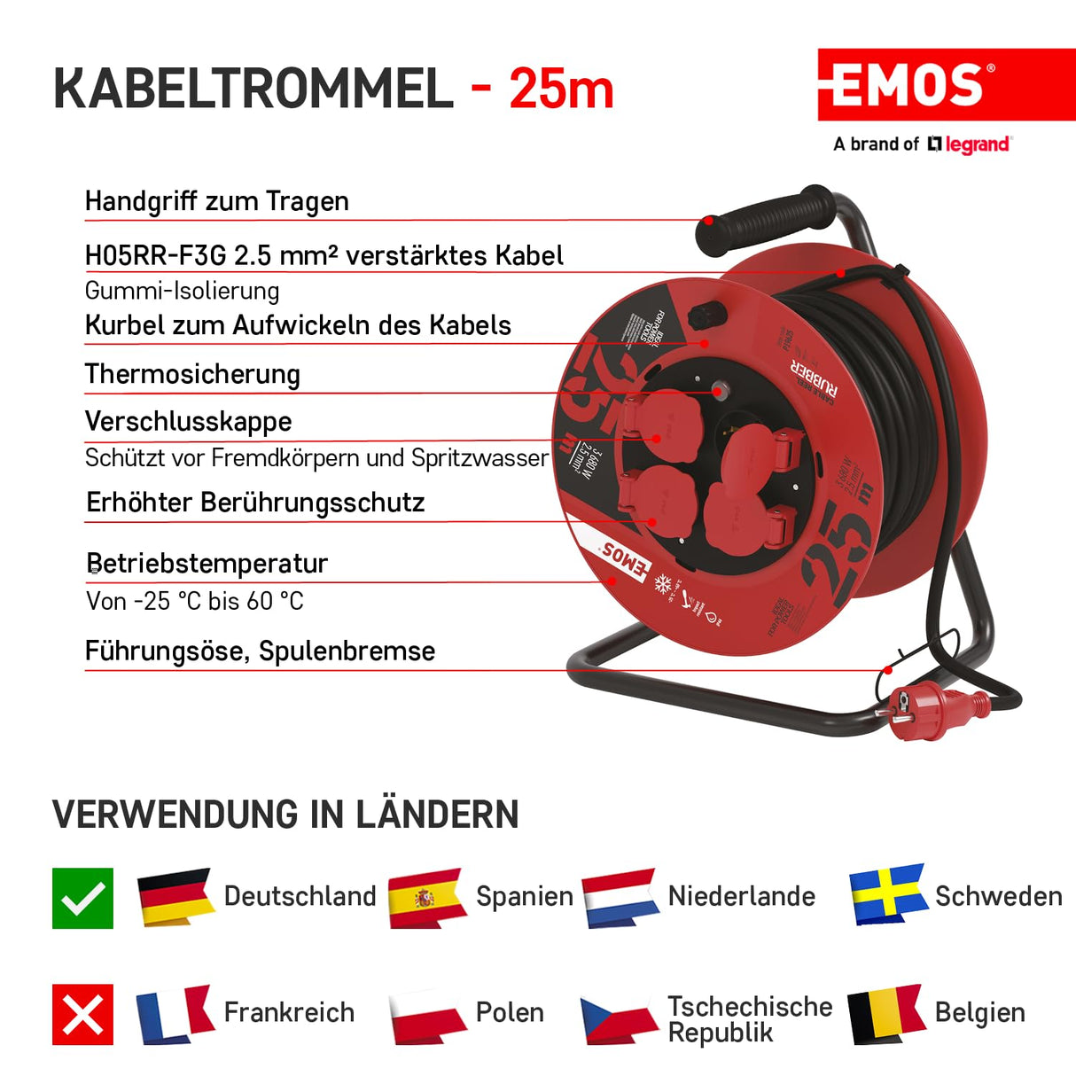 EMOS 1000116.30 Enrollacables Profesional alargador, 25m de Cable con 4 enchufes Schuko, 2,5 mm2 Goma, IP44, para Uso Exterior, Macho a hembra, negro/azul