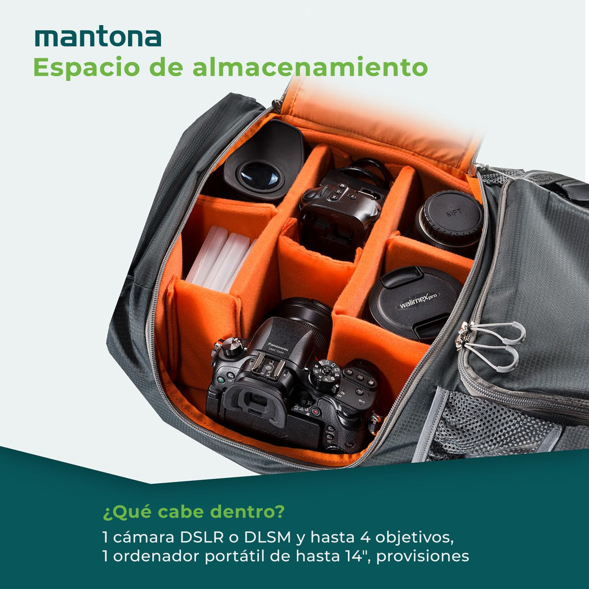 Mantona Mochila para Camera elementsPro 40 - con compartimentos internos ajustables, mucho espacio de almacenamiento para cámara y accesorios, computadora portátil, incl. cubierta de lluvia