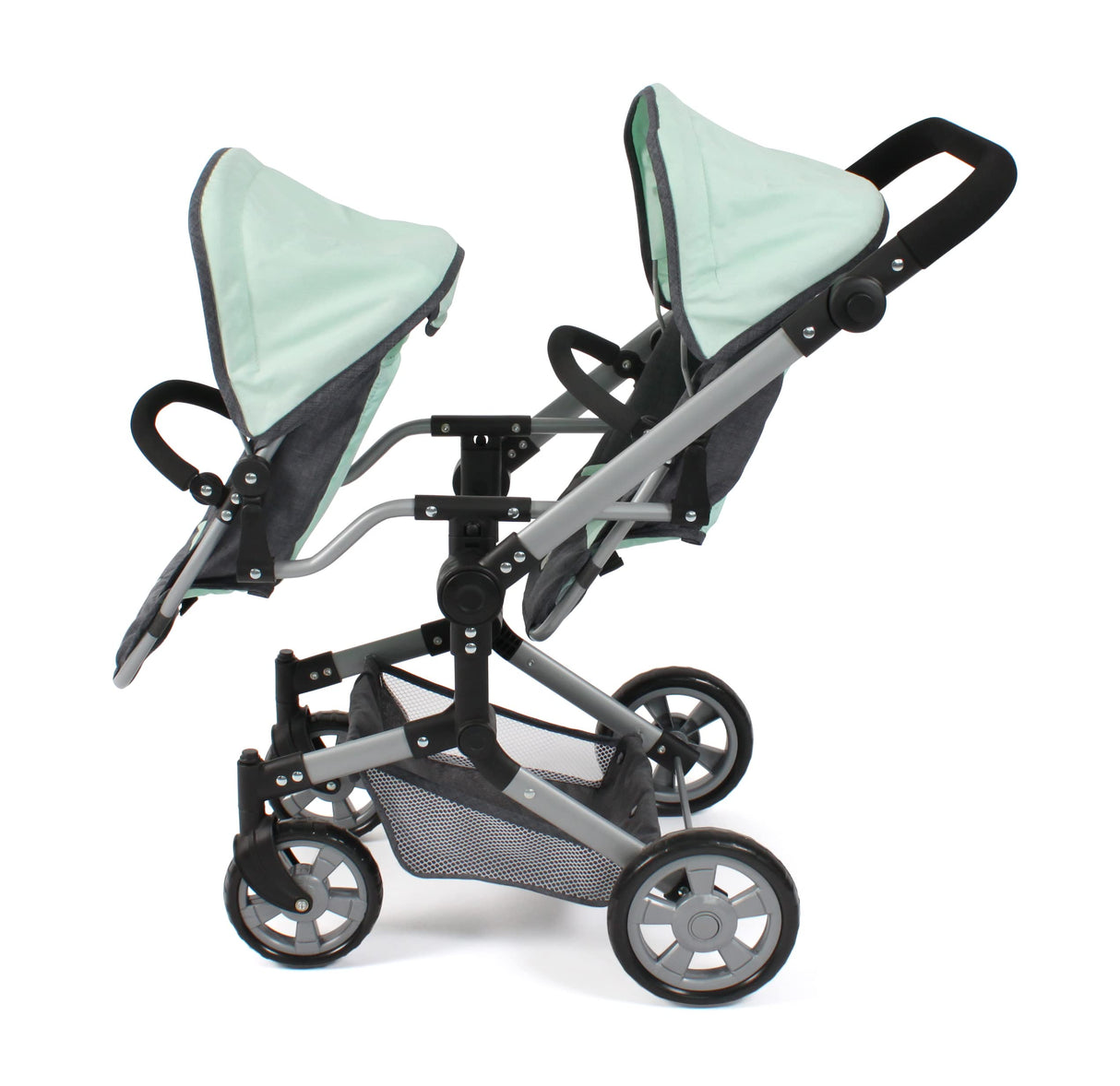 Bayer Chic 2000 - Cochecito de muñecas Linus Duo, Carrito de muñecas Gemelos para niños de 4 a 8 años, Melange Gris Oscuro, Menta, 690-67