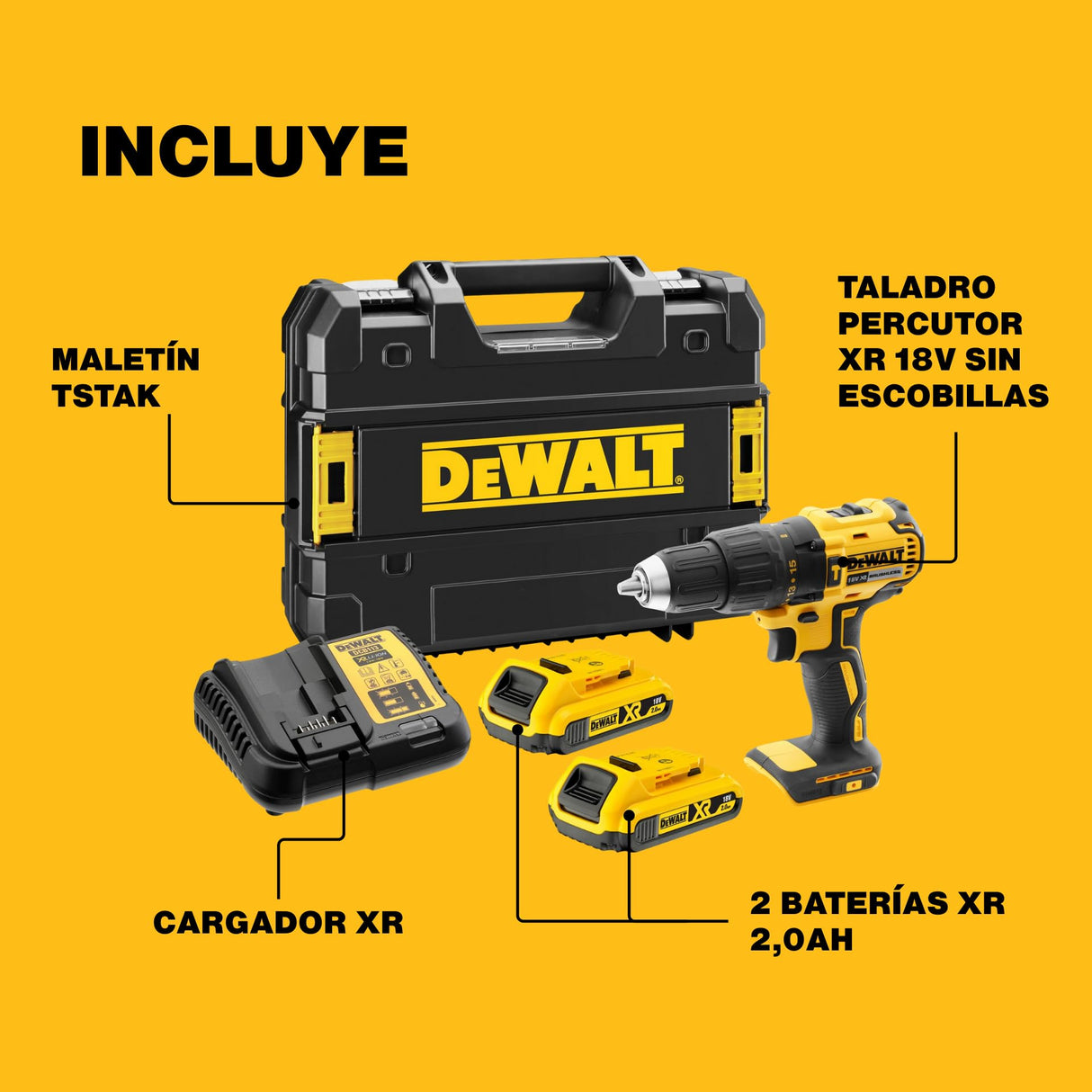 DEWALT XR 18V Brushless Taladro Atornillador Percutor Compacto a Batería, con 2 Baterías XR Li-Ion 2Ah, Cargador, Maletín, Alto Par, Luz LED, Rendimiento Versátil - DCD778D2T-QW