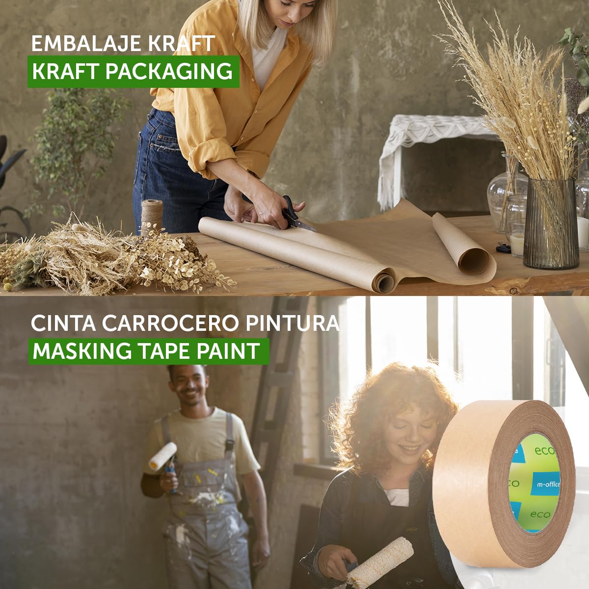 m-office Cinta Adhesiva Papel Kraft, Cinta de Embalar Adhesiva para Embalaje de Cajas, Envíos, Mudanzas y Manualidades, Cinta de Papel Embalaje, Cinta Marrón Papel Kraft (12 uds, 72mmx80m)