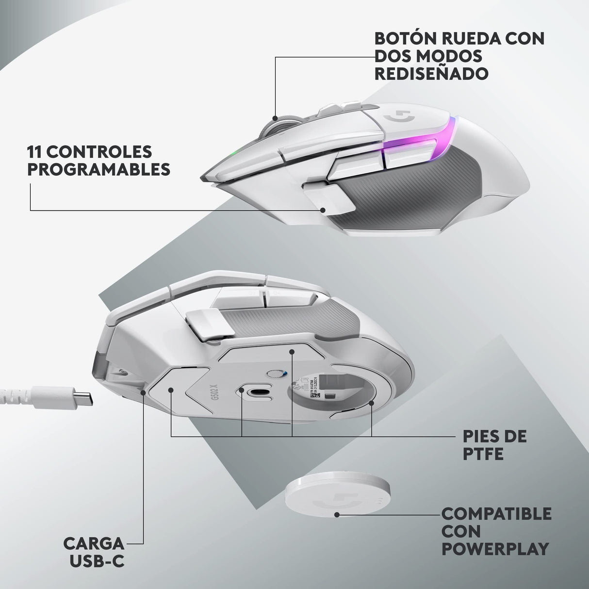 Logitech G G502 X PLUS LIGHTSPEED Ratón inalámbrico RGB para Gaming - Ratón óptico con interruptores híbridos LIGHTFORCE, LIGHTSYNC RGB, sensor HERO 25K, compatible con PC - macOS/Windows - Blanco