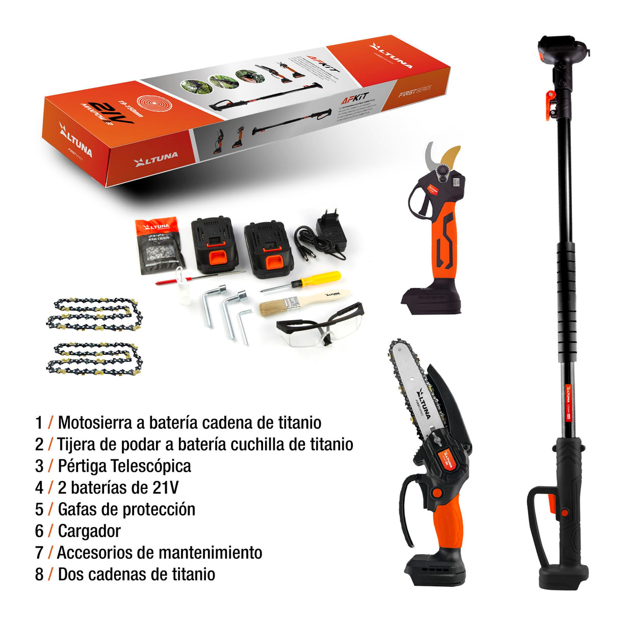 Altuna Kit de Poda a Batería de Titanio - Motosierra a Batería + Tijeras de Podar Eléctricas + Pértiga Telescópica - Incluye 2 Baterías - Pértiga de 1,63m para Poda en Altura - Con Cargador y Gafas