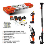 Altuna Kit de Poda a Batería de Titanio - Motosierra a Batería + Tijeras de Podar Eléctricas + Pértiga Telescópica - Incluye 2 Baterías - Pértiga de 1,63m para Poda en Altura - Con Cargador y Gafas