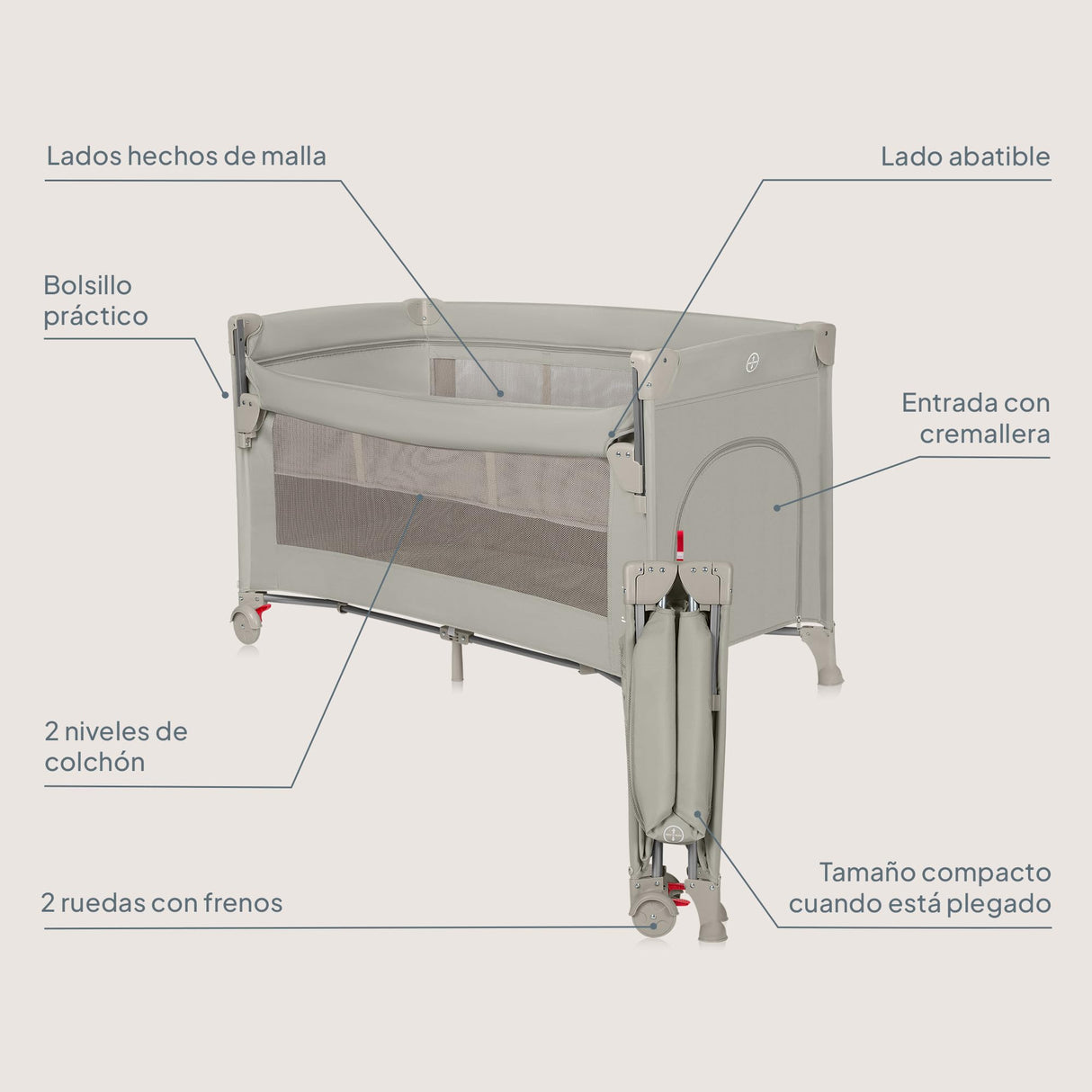 lionelo Ellen Cuna de Viaje 3 en 1 de 0 a 3 años, Cuna Colecho para Recién Nacidos y Mayores hasta 15 kg, 2 Alturas de Colchón, Correas de Amarre, Entrada Lateral con Cremallera, 2 Ruedas Bolsa