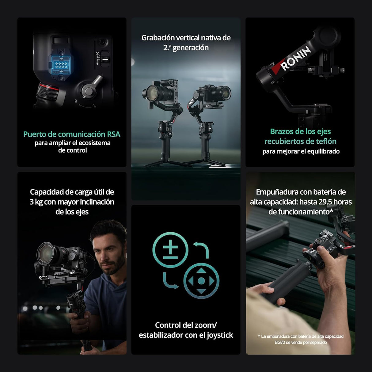 dji Pack RS 4, estabilizador en 3 Ejes para cámaras DSLR y sin Espejo Canon/Sony/Panasonic/Nikon/Fujifilm, con grabación Vertical nativa, Joystick de Cambio de 2 Modos, Motor Focus Pro
