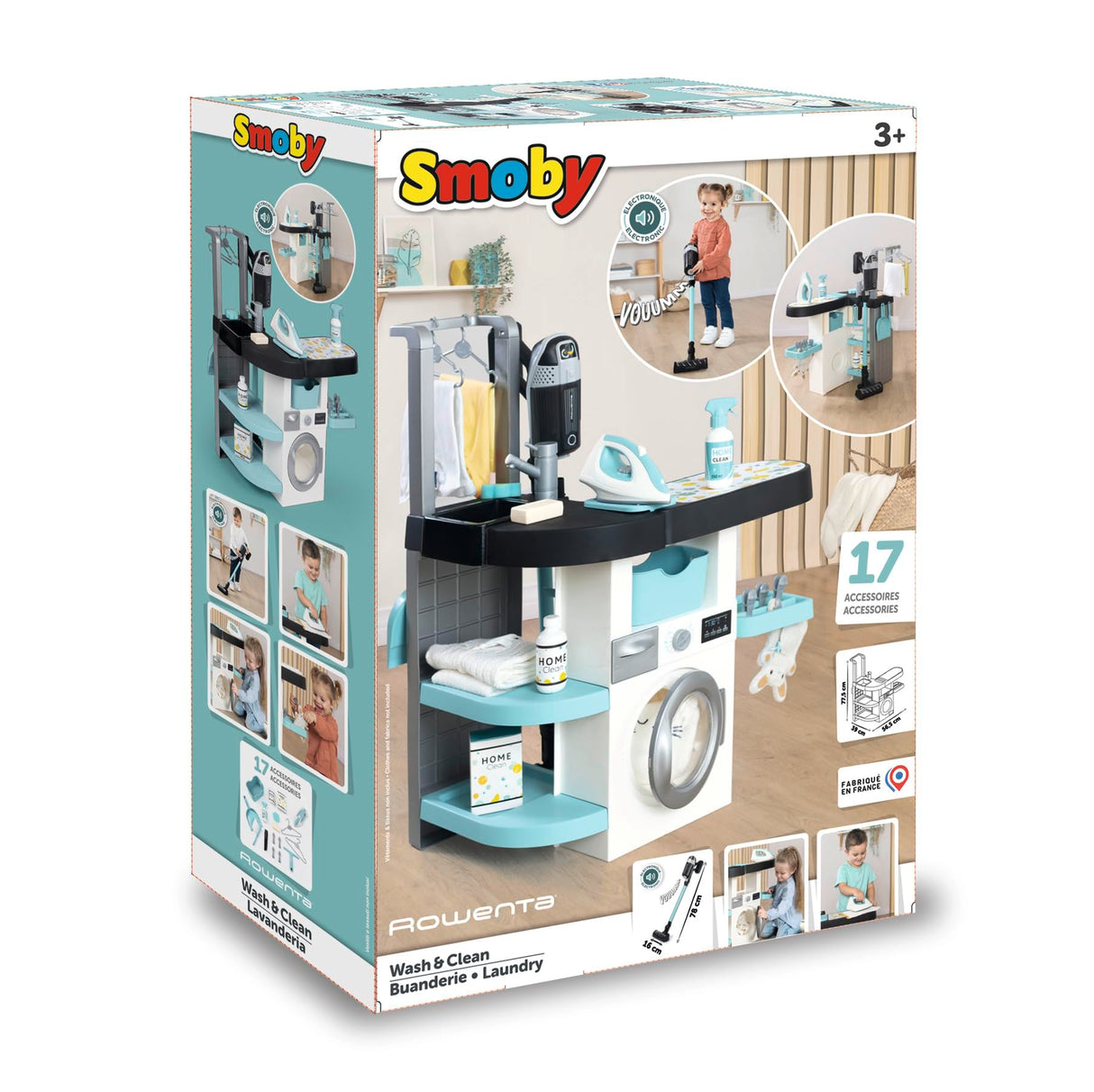 Smoby Centro de Lavado Smoby Rowenta, 3 en 1: Lava, aspira y Plancha. Aspirador de Escoba Rowenta con Sonido, Plancha y Mucho más, 17 Accesorios. A Partir de 3 años. ( 7600330320)