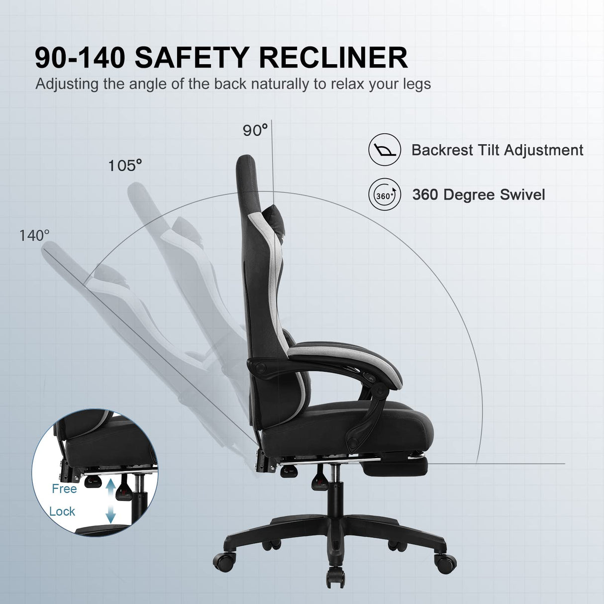 GTPLAYER - Silla para Juegos de Oficina, ergonómica, sillón Gaming Leathaire, reposabrazos reclinable, con reposapiés, Color Negro
