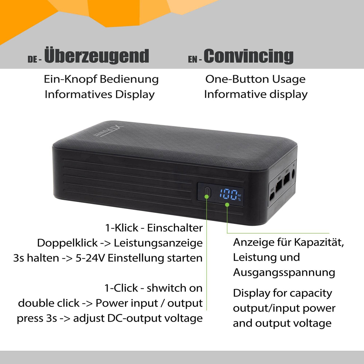 XTPower XT-27000DC-AO-PA Powerbank sin interrupción DC, Adaptador de Corriente Incluido – Batería Externa DC de 5 V a 24 V + USB-C PD + 2 x USB QC3 con 26800 mAh – para Altavoz de Radio fotógrafo