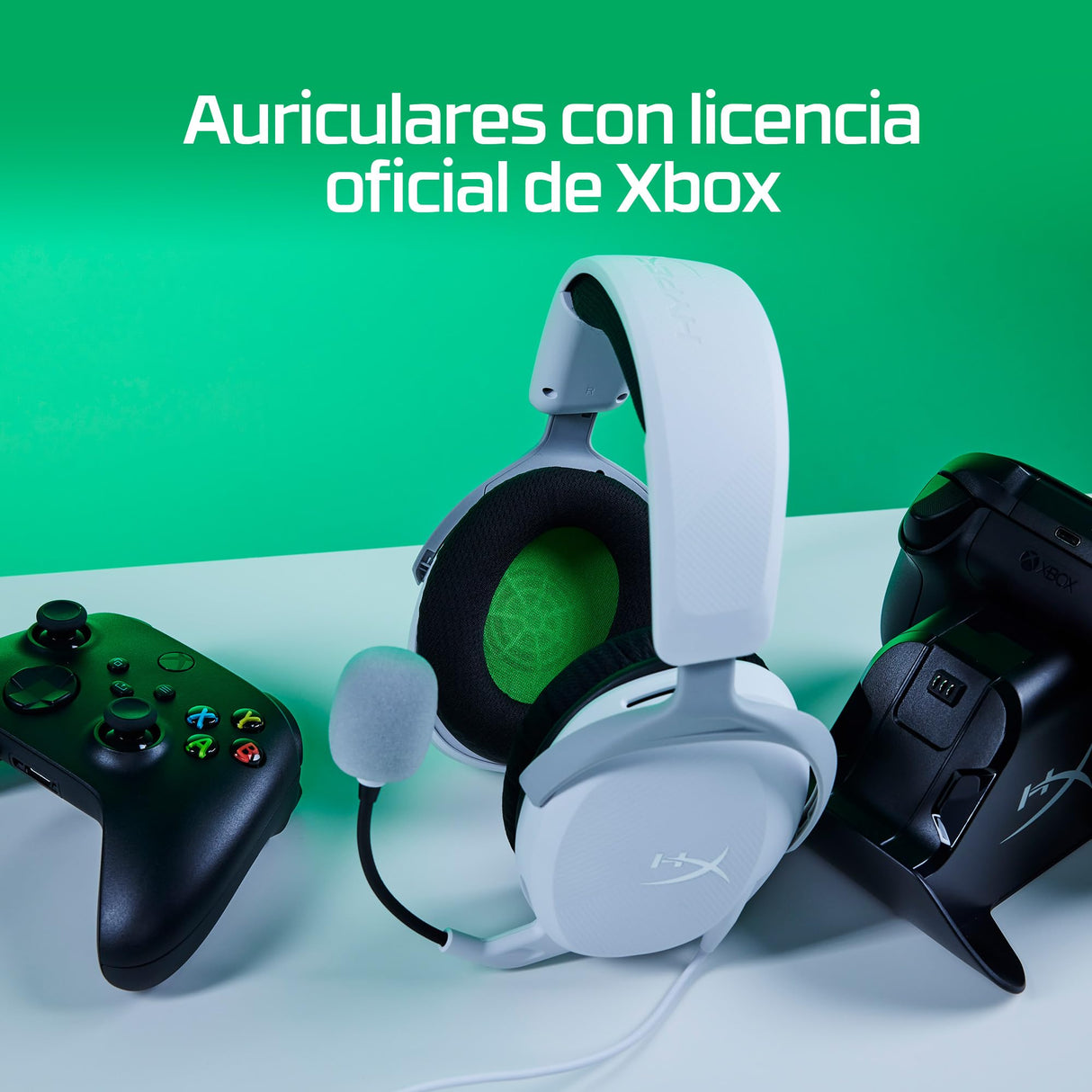 HyperX CloudX Stinger 2 Core, Cascos gaming para Xbox One y Series X/S, Drivers de 40 mm y Audio Envolvente, 3.5 mm, Micrófono Plegable con cancelación de ruido, Licencia Oficial Xbox - Blanco/Verde