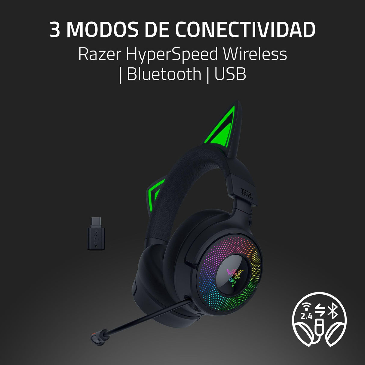 Razer Kraken Kitty V3 Pro - Auriculares inalámbricos RGB Kitty para Juegos - Orejas de Gato reactivas para Streaming - Diafragma 40mm - Hyperspeed Wireless y Bluetooth - THX Spatial Audio | Negro
