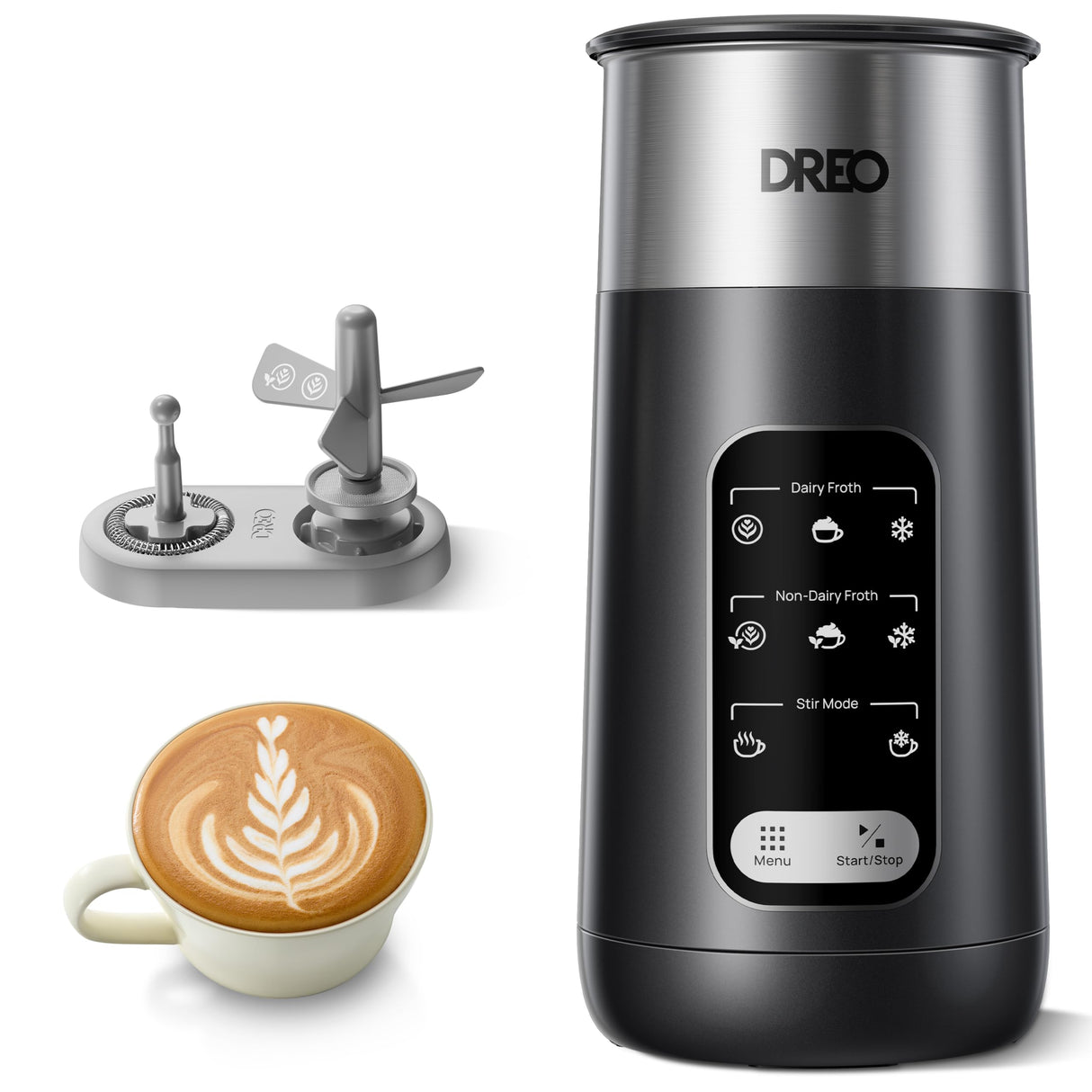 Dreo Espumador de leche, espumador eléctrico 8 en 1 para café latte art, 270 ml, espuma caliente y fría, espumadores automáticos para leche láctea y no láctea, LED, fácil de limpiar, aire BaristaMaker