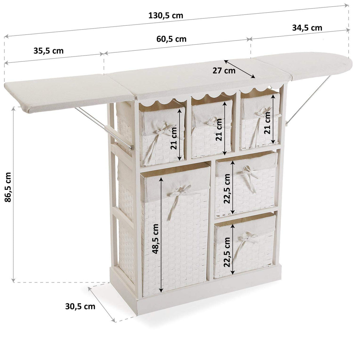 DRW Mueble planchador Grande con alas abatibles y cestos de Mimbre Blanco 130.5x30.5x86.5 cm