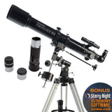 Celestron 21037 PowerSeeker 70EQ Telescopio refractor : incluye dos oculares, diagonal de imagen recta, lente Barlow de 3 aumentos, trípode ajustable en altura y bandeja de accesorios de lujo, negro