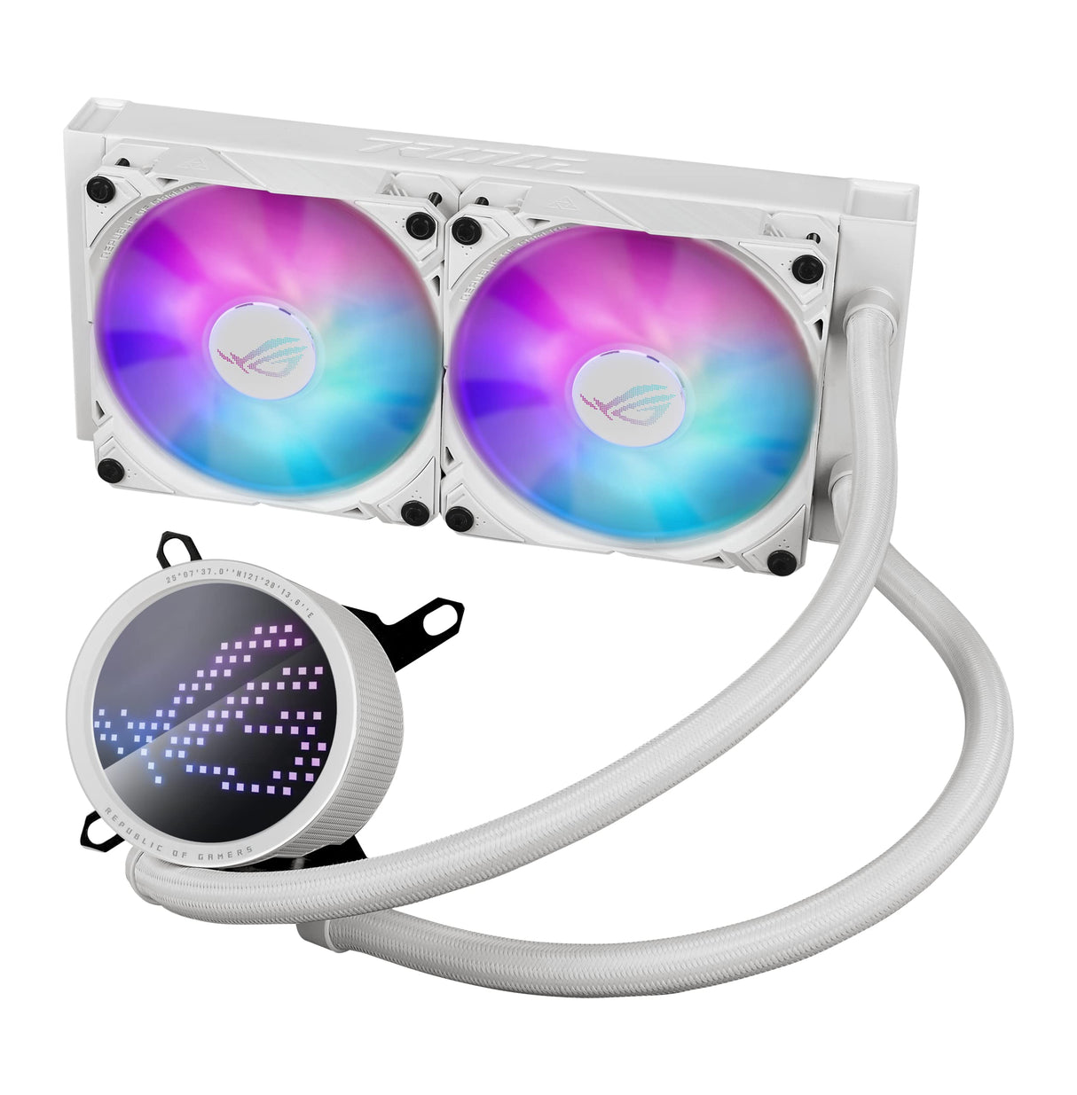 ASUS ROG RYUO III 240 ARGB White Edition Enfriador líquido todo en uno AIO de CPU de 240 mm, solución de bomba Asetek de 8ª generación, pantalla LED Anime Matrix™ y ventilador ROG AF 12S ARGB.