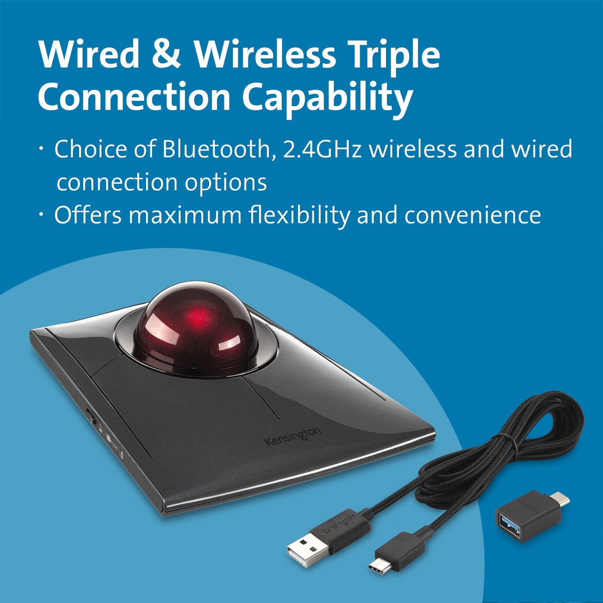 Kensington K72080WW - Trackball SlimBlade Pro, Ratón Ergonómico Inalámbrico con Bluetooth/Cable/Dongle, Recargable por USB con Duración de 4 Meses, Windows y macOS, Ambidiestros, Seguimiento Óptico
