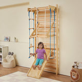 VEVOR-8 en 1 Kit de Escalada Niveles Pared, Tobogán, Barra de Dominadas, Anillas de Gimnasio, Columpio y Escalera de Cuerda, Color Madera (15 Levels Solid Wood Indoor Jungle Gym)