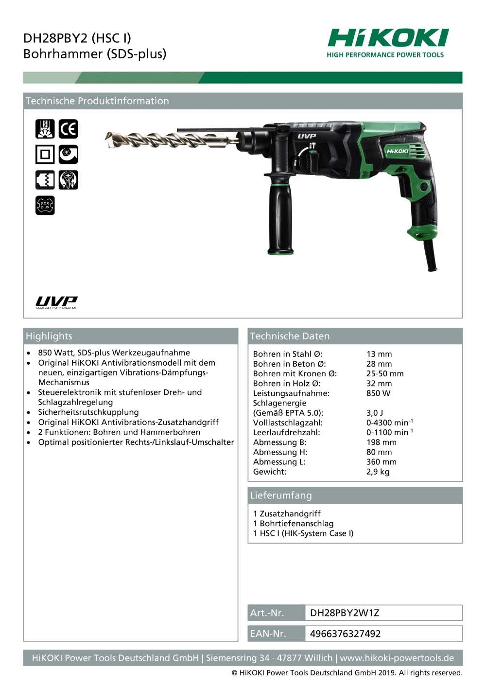 HIKOKI Akku Bohrhammer DH28PBY2W1Z, SDS-plus Aufnahme (240V, Leistungsaufnahme: 850 Watt, Volllastschlagzahl: 0-4300 min-1) Lieferumfang: 1 Zusatzhandgriff, 1 Bohrtiefenanschlag, 1 HSC I Koffer.