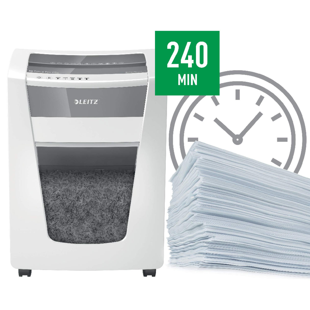 Leitz IQ Office Pro P5+ - Destructora de papel de corte supermicro, destruye 8-7 hojas a la vez (70-80 gms), papelera de 30 l, blanco, 80040000