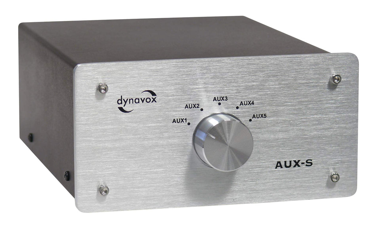 Dynavox AUX-S, Interruptor de expansión de Entrada en Carcasa de Metal con 5 entradas RCA, para amplificadores estéreo y Surround, Color Plateado