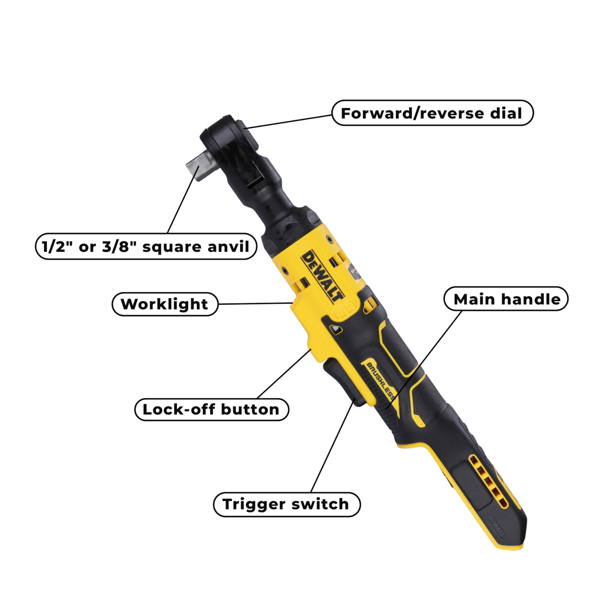DeWalt DCF512N-XJ - Llave de carraca 18V XR, 1/2", Longitud total de 360 mm, Motor sin escobillas, 95 Nm, Luz LED, No incluye batería ni cargador