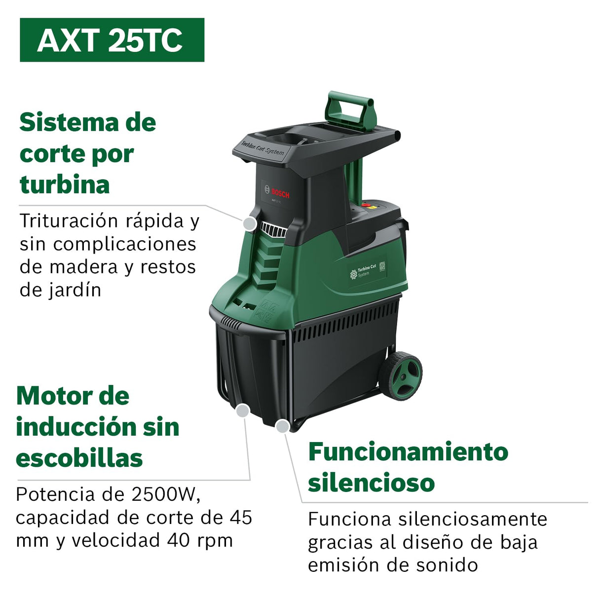 Bosch Home and Garden desmenuzadora de jardín con turbina AXT 25 TC (2500 W; apta para madera y residuos duros jardín; incluye guantes caja recogida integrada 53 L; en embalaje cartón)