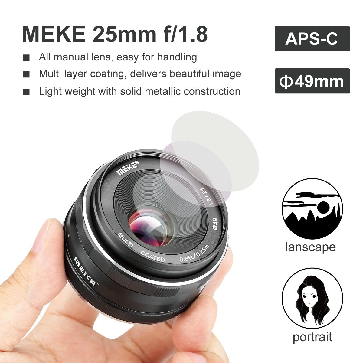 Meike Lente Gran Angular de Gran Apertura de 25 mm f/1.8 Lente de Enfoque Manual para cámaras Sony sin Espejo Emount