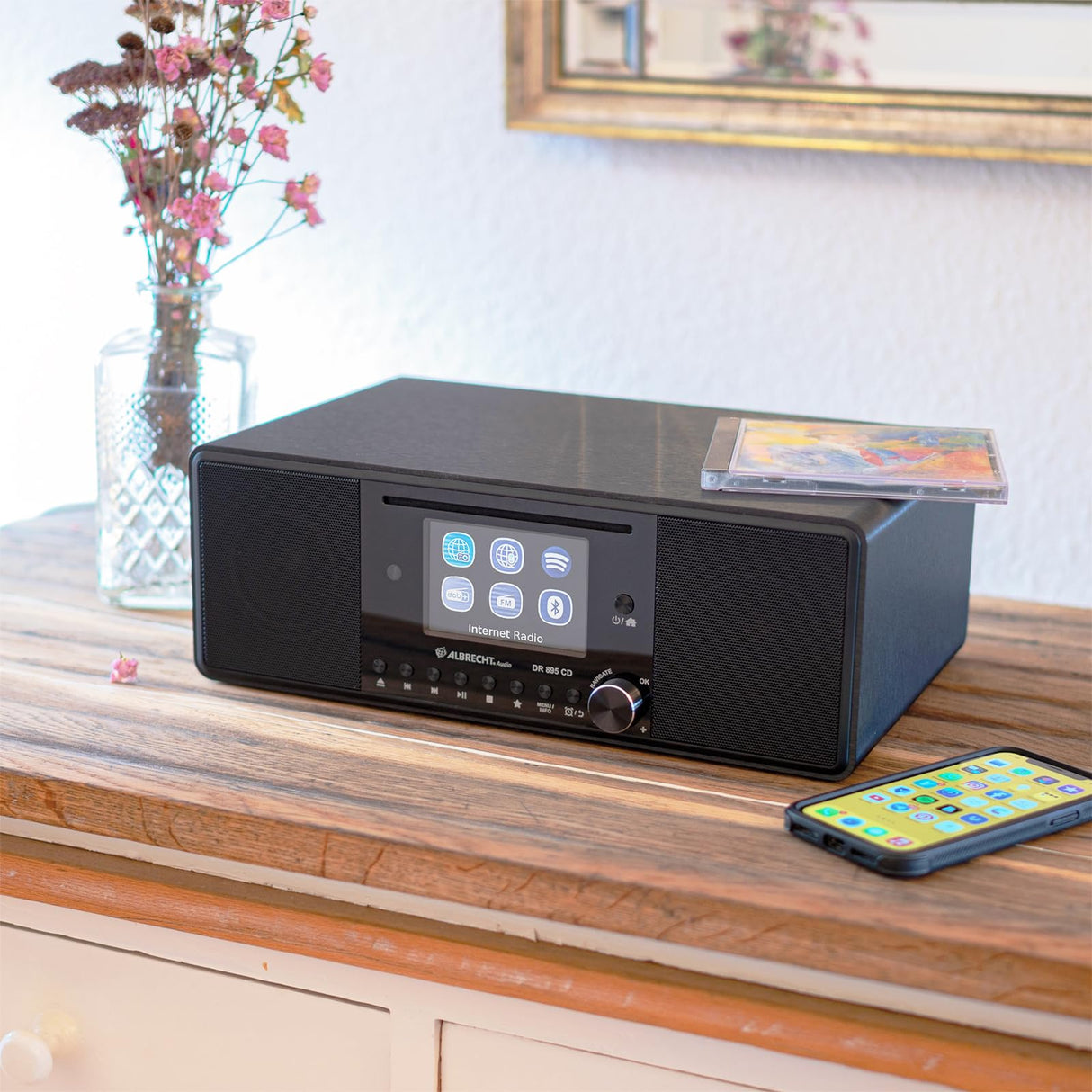 Albrecht DR 895 - Kit Compacto CD Dab+/FM/Internet/CD 27895, Color Negro con Pantalla a Color de 4", música estéreo y Podcast, USB, Control de la aplicación