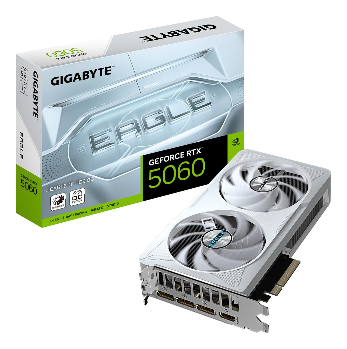 Gigabyte GeForce RTX 5060 Eagle OC Ice 8G Tarjeta Gráfica - 8GB GDDR7, 128bit, PCI-E 5.0, 2550 MHz Frecuencia del núcleo, 3 x DisplayPort, 1 x HDMI, GV-N5060EAGLEOC ICE-8GD