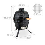 Relaxdays Barbacoa de Carbón Kamado, 26 cm Ø, Parrilla Cerámica con Termómetro hasta 450°C, BBQ, Asar y Cocinar, Negro, Acero Inoxidable, Hierro