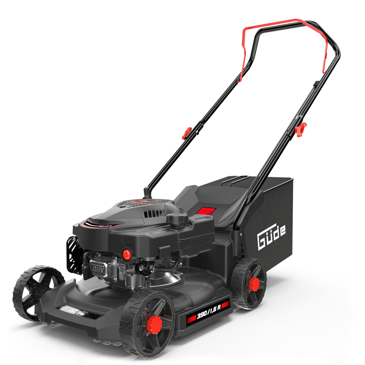 Güde Cortacésped Eco Wheeler 390 1,6 R (Motor de Gasolina de 4 Tiempos 1,6/2 (kW/PS), Ancho de Corte 390 mm, Dispositivo de Pesca de 35 L, Ajuste de Altura de Corte 30 – 66 mm, siega, recolección,