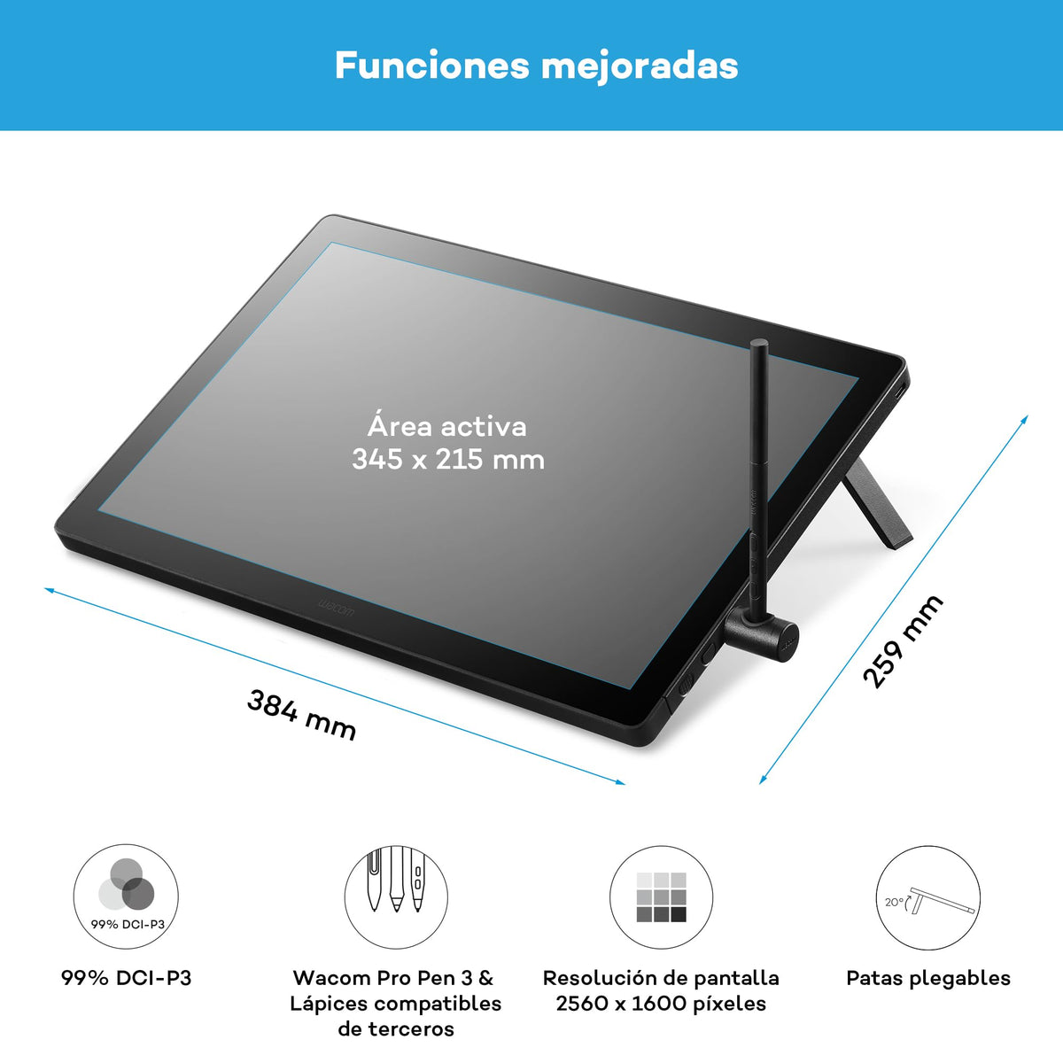 Wacom Cintiq 16 (Edición 2025) – Tableta Gráfica con lápiz 2.5K compacta con Wacom Pro Pen 3, Vidrio antirreflejo, Soporte Plegable y USB-C