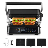 AMZCHEF parrilla eléctrica con 6 programas, función Sear hasta 280 °C, modo manual, sensor de temperatura, placas desmontables y bandeja para gofres. Ideal para carne, pescado, paninis y gofres