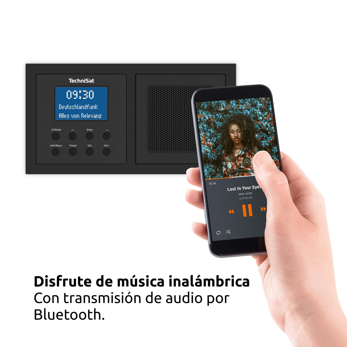 TechniSat DIGITRADIO UP 1 - Radio Dab+ Empotrable para su Instalación en Enchufes Dobles (Dab, FM, Bluetooth, Pantalla LCD Regulable, Despertador, Temporizador para Dormir, 2 Vatios RMS) Negro