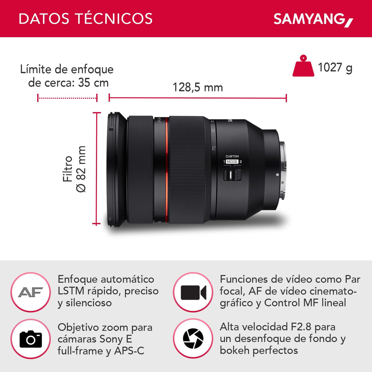 SAMYANG AF 24-70 mm F2,8 FE con estación de Lente para Sony E – Enfoque automático de Formato Completo y Objetivo APS-C 24-70 mm Zoom F 2.8 para cámaras Sony Alpha A7 A9 A1 A7C A6000 Series