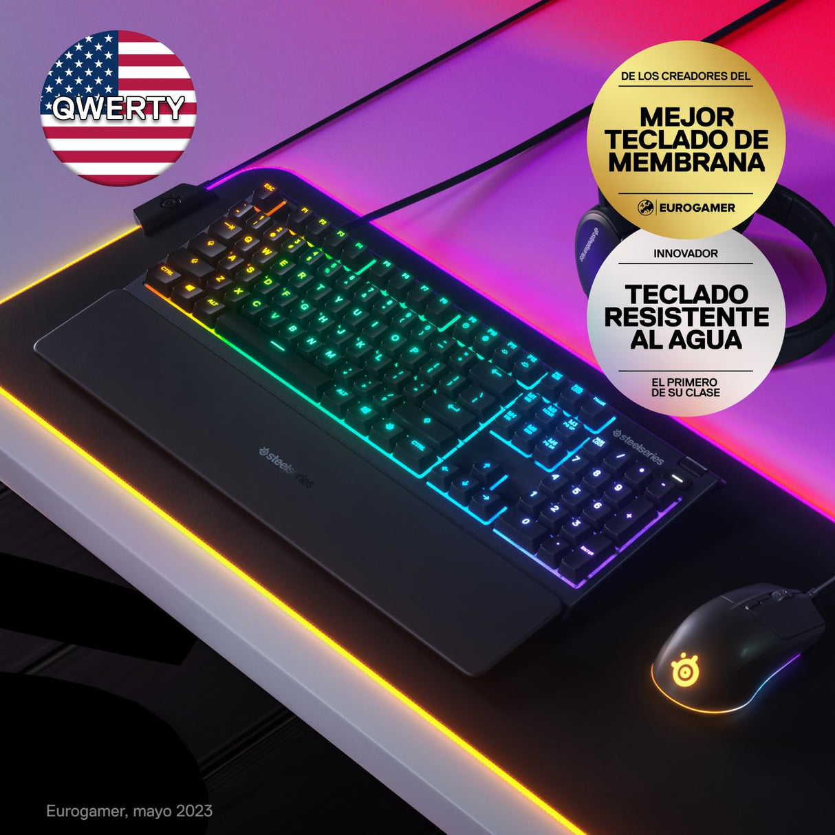 SteelSeries Apex 3 - Teclado RGB para gaming - Iluminación RGB de 10 zonas - Resistencia al agua IP32 - Reposamuñecas magnético superior - Teclado QWERTY Estadounidense