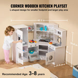 VEVOR Juego de Cocina de Madera de Esquina con Luces y Sonidos Cocina con Máquina de Hielo, Horno, Fregadero, Reloj, Microondas, Refrigerador y Accesorios para Niños Pequeños y Preescolares, Blanco