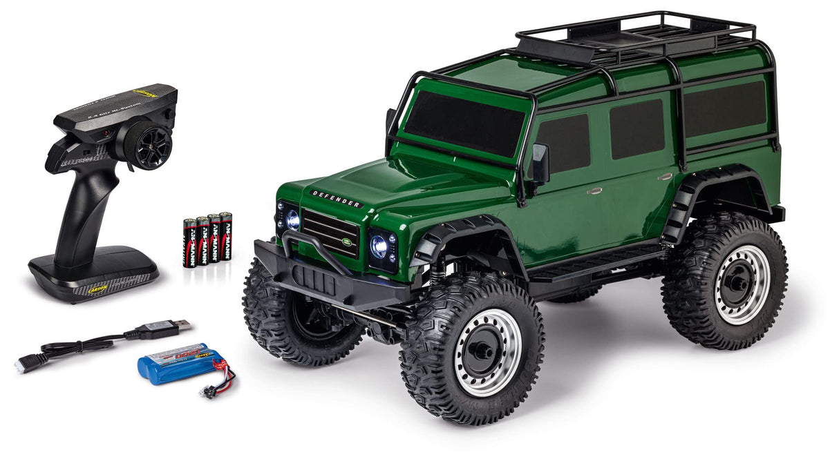 Carson 500404236 1:8 Land Rover Defender 100% RTR British Vert - Voiture radiocommandée, véhicule RC, Batteries et radiocommande incluses, Vitesse km/h, Temps de conduite 20 min
