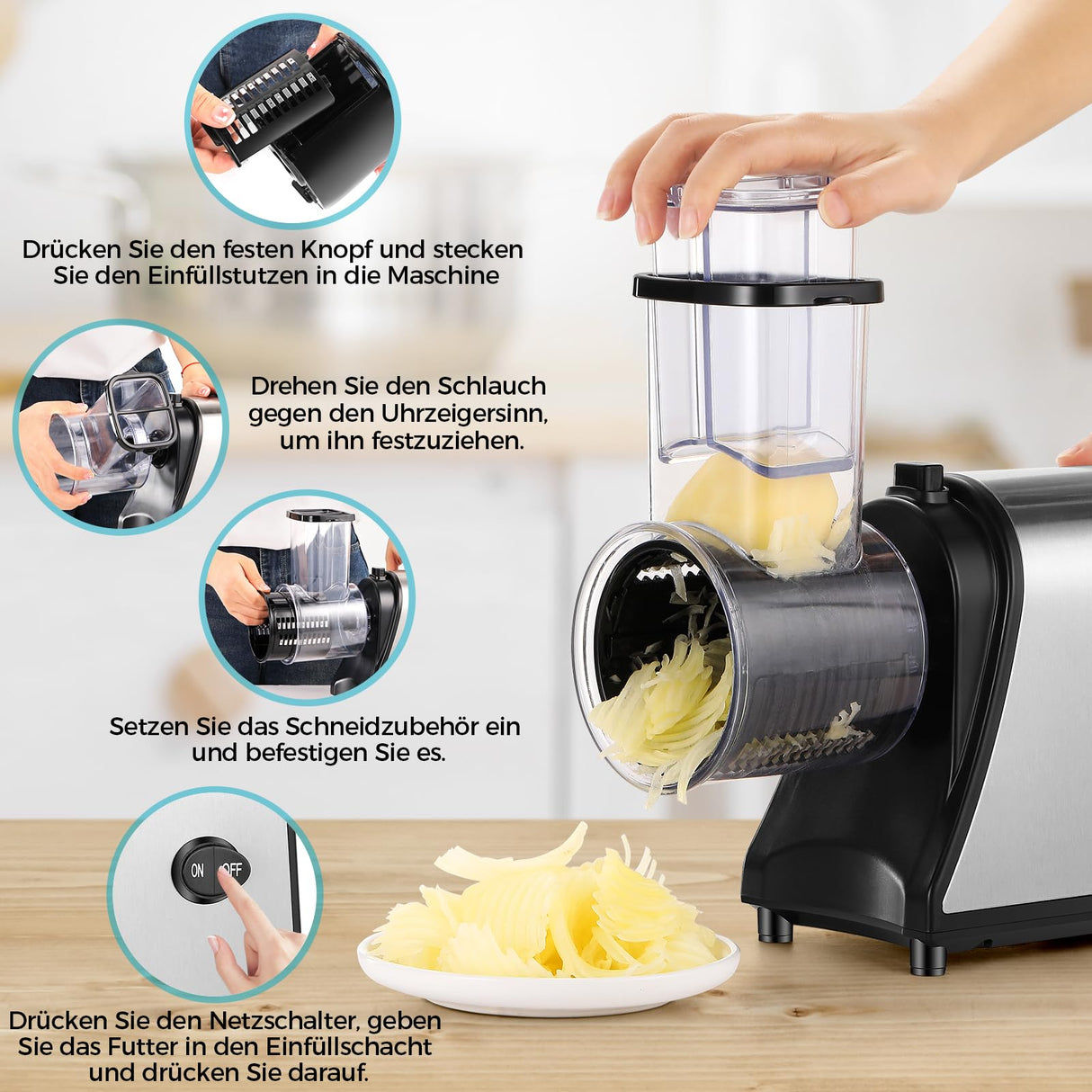 Cortador de verduras eléctrico, 250 W, cortador eléctrico de verduras, acero inoxidable, rallador de queso de acero inoxidable, gran calibre actualizado, multifuncional, con 5 cuchillas para
