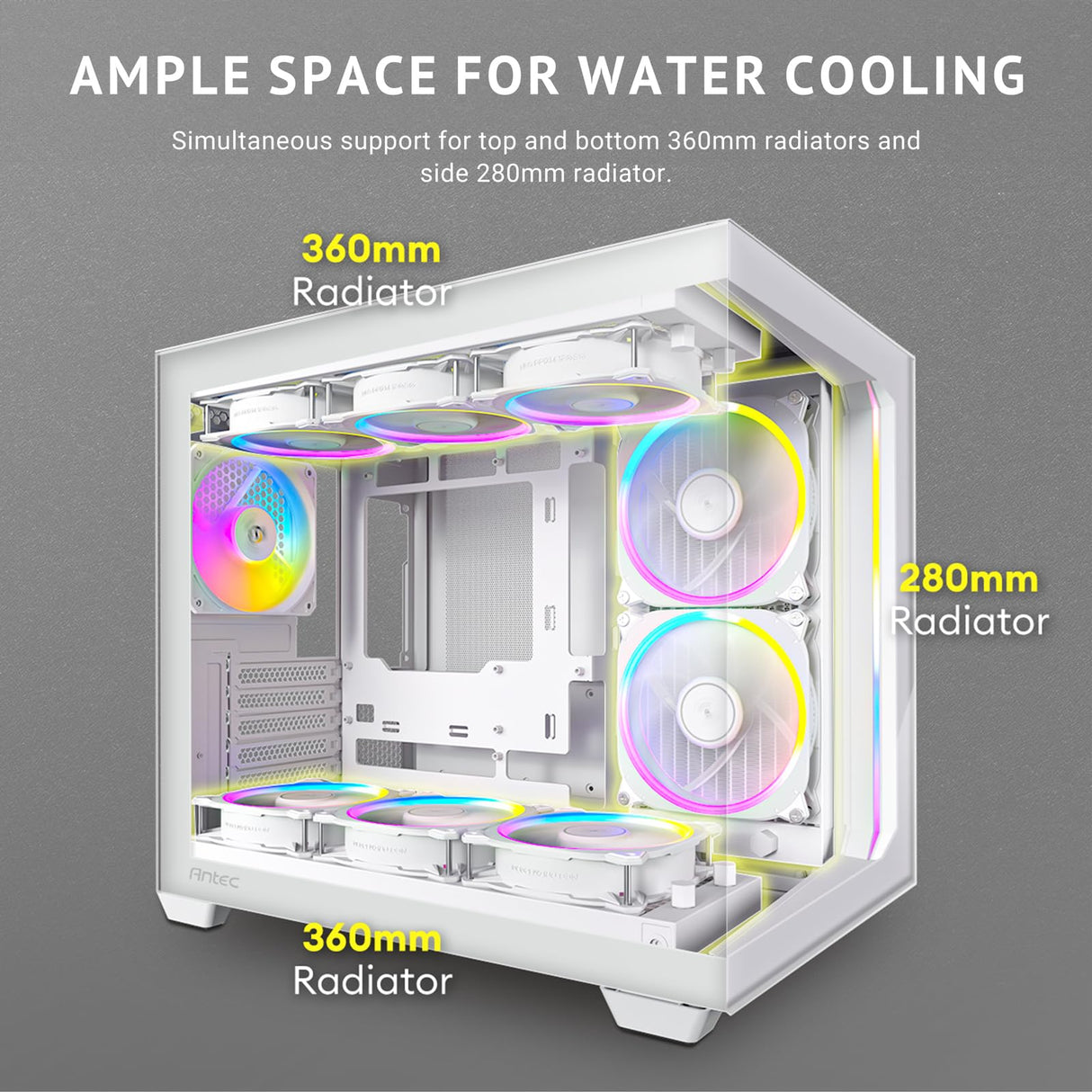 Antec C5 ARGB Blanco, Ventiladores ARGB PWM de 7 x 120 mm incluidos, hasta 10 Ventiladores simultáneamente, Puerto Tipo C 3.2 Gen 2, Paneles Frontales y Laterales de Vidrio Templado sin Costuras,
