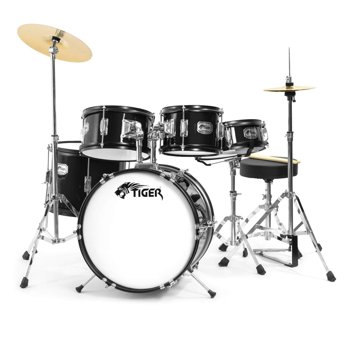 Tiger JDS14-BK Juego de batería junior de 5 piezas - Juego de batería negro para niños, edades de 3 a 10 años