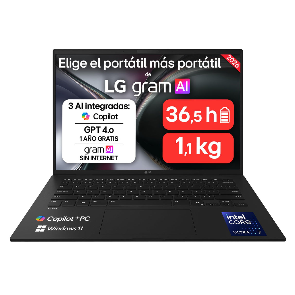 LG gram 14Z90U-G.AU88BN - Ordenador Portátil Ultraligero de 14" Intel Core Ultra 7 355, 3 GB RAM, 1 TB SSD, Intel Graphics (4Xe), IPS Antirreflejo, 1120g, 36.5h, Windows 11, Teclado ES, Negro