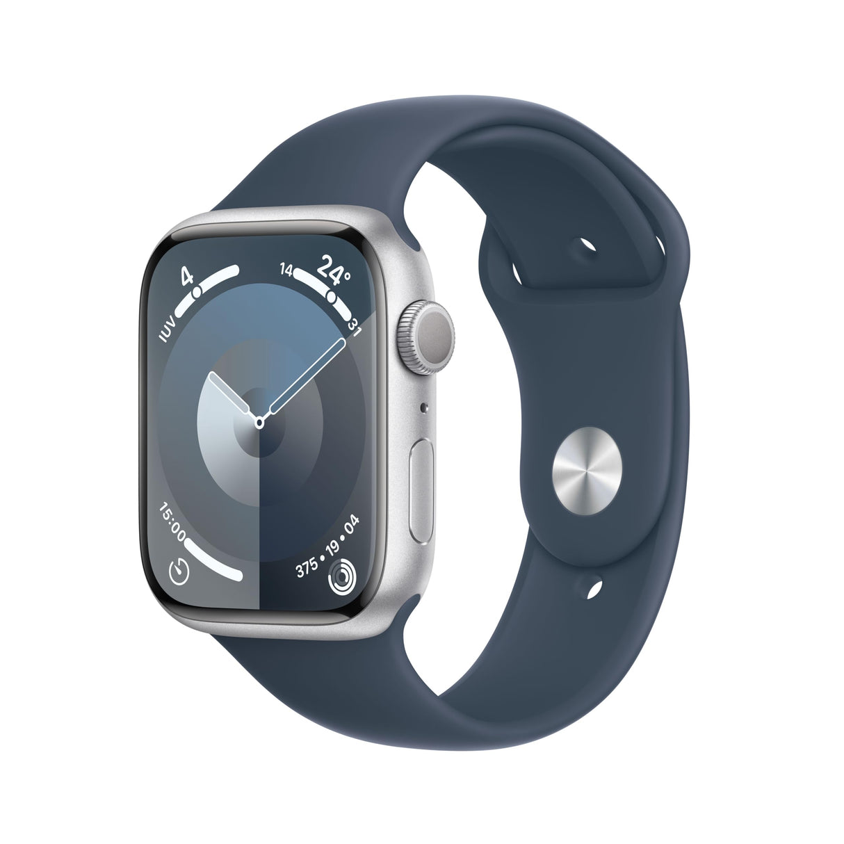 Apple Watch Series 9 [GPS] Smartwatch con Caja de Aluminio en Plata de 45 mm y Correa Deportiva Azul tempestad - Talla S/M. Monitor de entreno, App Oxígeno en Sangre, Resistencia al Agua