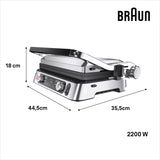 Braun MultiGrill 9 Pro CG 9160, Plancha Eléctrica con 2 Termostatos Independientes, 3 Posiciones de Cocinado, Placas Lavables en Lavavajillas, Sonda Térmica Integrada, 2200 W, Negro/Acero Inoxidable