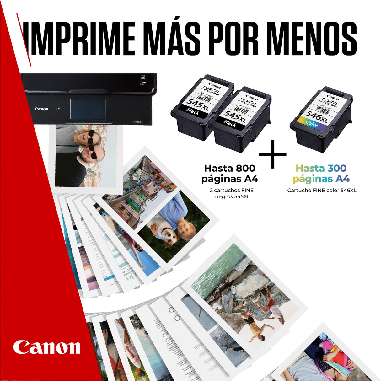 Canon Tinta y Papel - PG-545XL + CL-546XL - 3 Cartuchos Originales de Alta Capacidad (x 2 Negro x 1 Tricolor) + Papel fotográfico 10 x 15cm (50 Hojas)