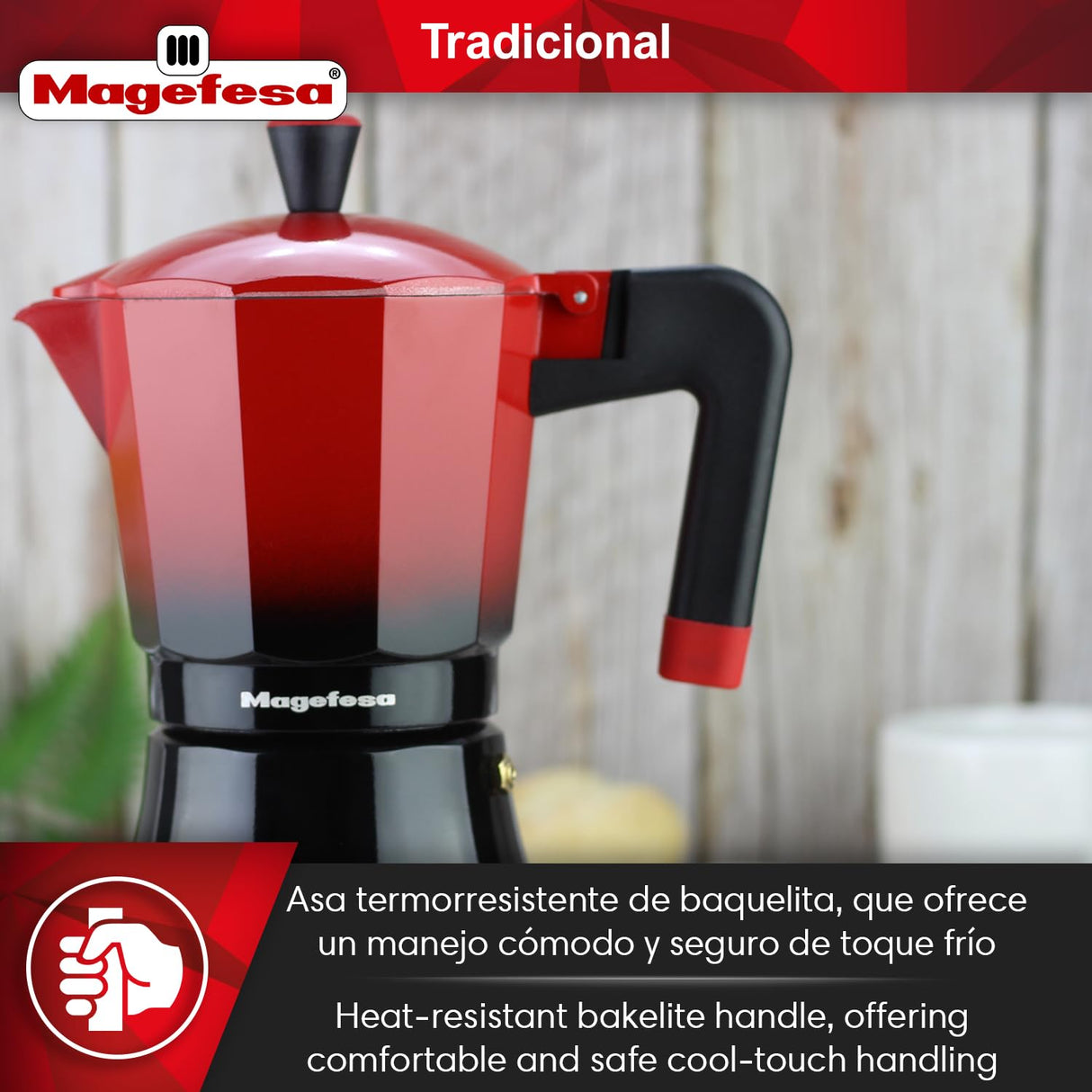 MAGEFESA Tradicional - Cafetera Italiana Negra y Roja, 9 Tazas, 450ml, Acero Inoxidable y Aluminio, Todo Tipo de Cocinas, Induccion, Mango Toque Frío