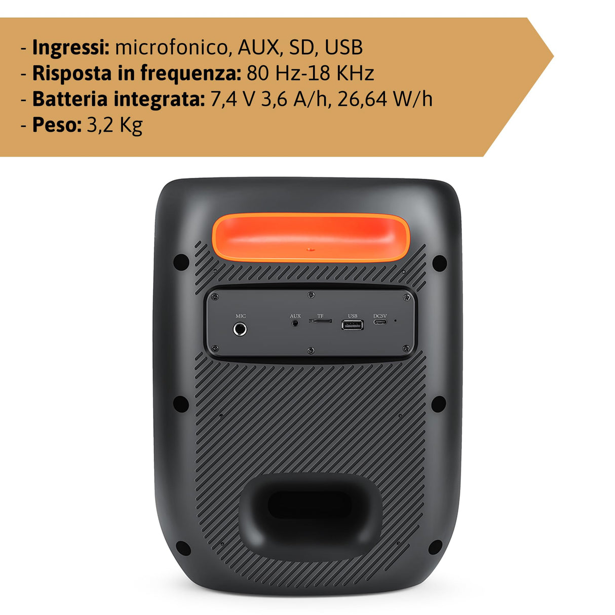 IRRADIO Altavoz portátil IR-PS40 POWER1, 40 W RMS, Woofer Bass Reflex de 15 cm, Luces LED RGB, micrófonos para Karaoke, True Wireless Stereo, DSP, batería de Larga duración, diseño Compacto.