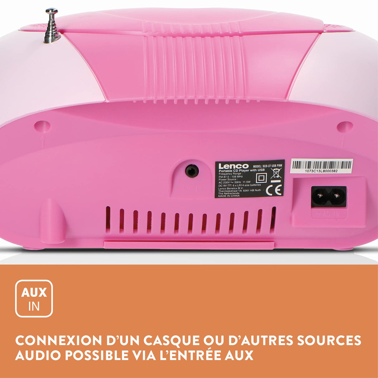 Lenco SCD-37 - Reproductor de CD para niños con conexión USB, MP3 y 2 Fuentes de alimentación RMS de 1,5 W, Funciona con Pilas y Red, Color Rosa